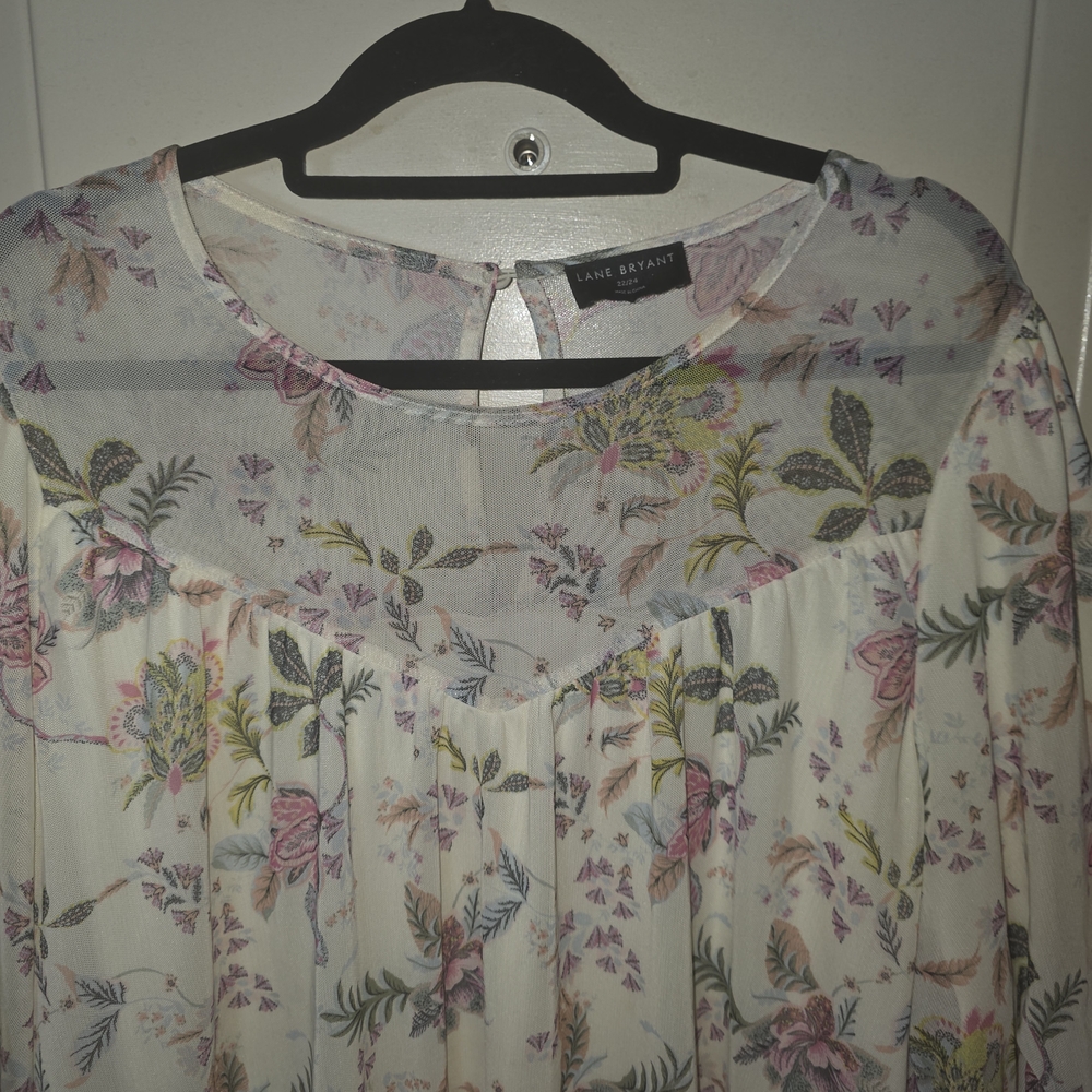 Floral Peasant Blouse in Cream and‎ Pink - Semi Sheer Bubble Sleeve - Picture 9 of 13